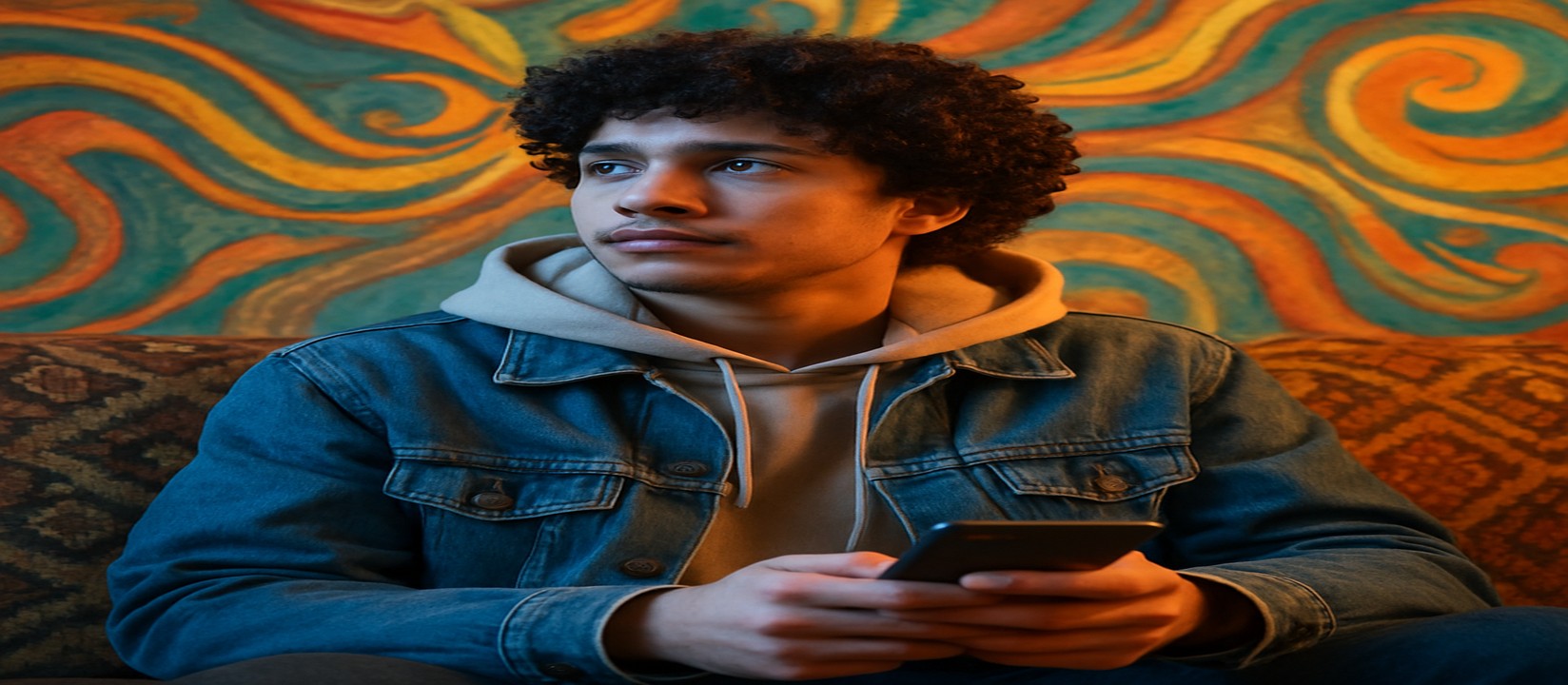 ডেনিম জ্যাকেট পরা একজন ব্যক্তি সোফায় বসে হাতে একটি ফোন নিয়ে kiriya অ্যাপ-এ গেম খেলছেন