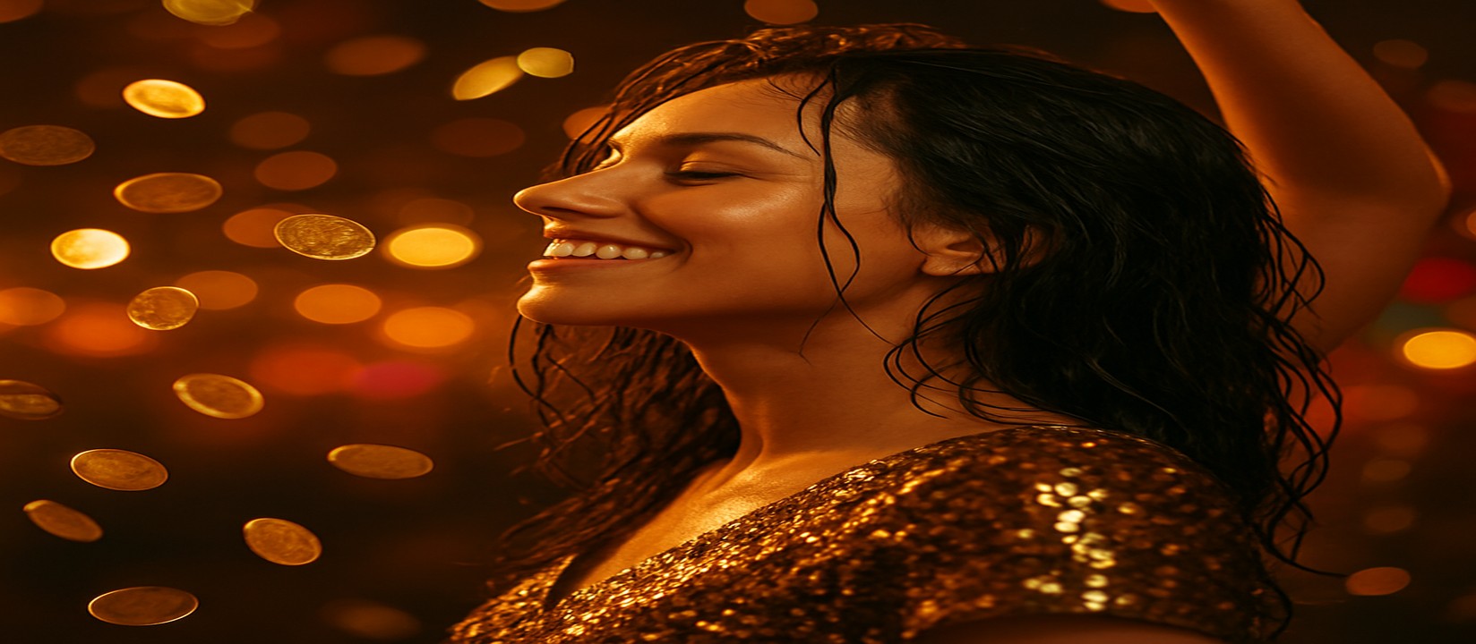 একজন নারী kiriya অ্যাভিয়েটর জয় উদযাপন করছেন, চারপাশে স্বর্ণমুদ্রা উড়ছে