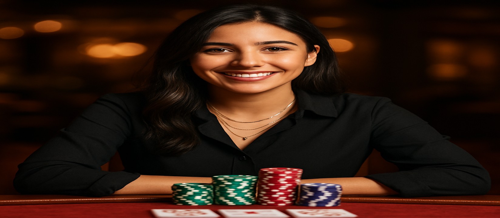 kiriya গেমিং প্ল্যাটফর্মে কার্ড টেবিলে হাসিখুশি এক নারীর সামনে গেম টোকেন ও কার্ড রাখা আছে, এবং তিনি বিস্তৃত খেলার সম্ভার উপস্থাপন করছেন।