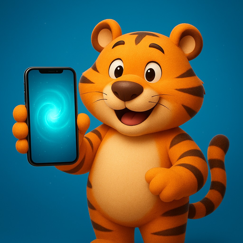 একটি কার্টুন বাঘের ছানা তার পায়ে একটি স্মার্টফোন ধরে আছে, সঙ্গে দ্রুত এবং নির্ভরযোগ্য kiriya অ্যাপ