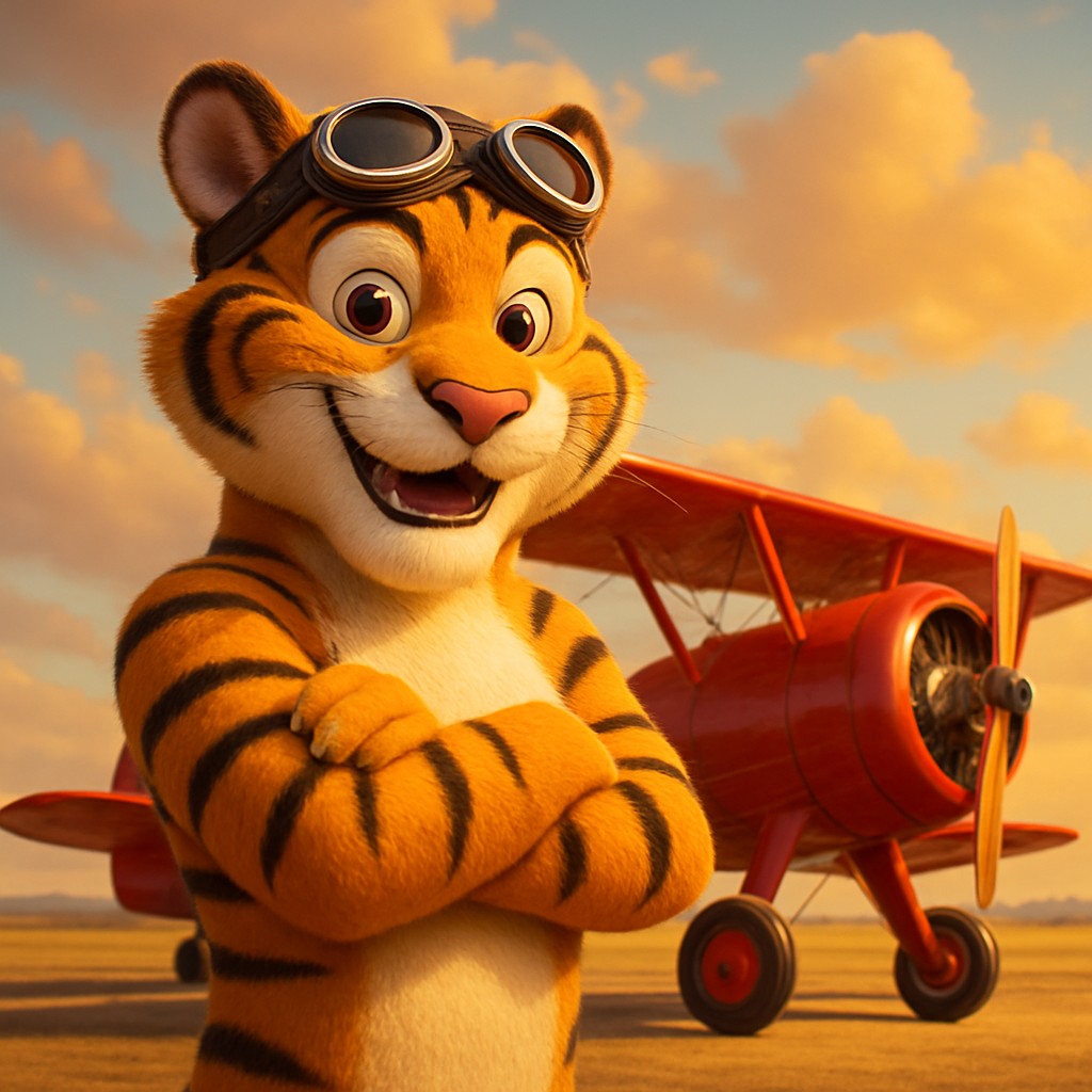 একজন বাঘ-চালিত পাইলট লাল বর্ণের পুরোনো বিমানচিহ্নটির পাশে দাঁড়িয়ে kiriya অ্যাভিয়েটর গেমটির প্রতিনিধিত্ব করছে