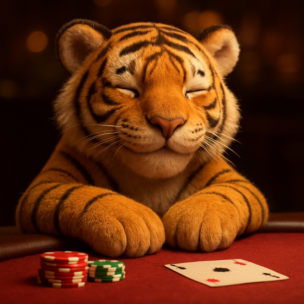 kiriya গেমিং প্ল্যাটফর্ম-এ একটি হাসিখুশি বাঘশিশু চChipসসহ একটি খেলার টেবিলে বসে আছে