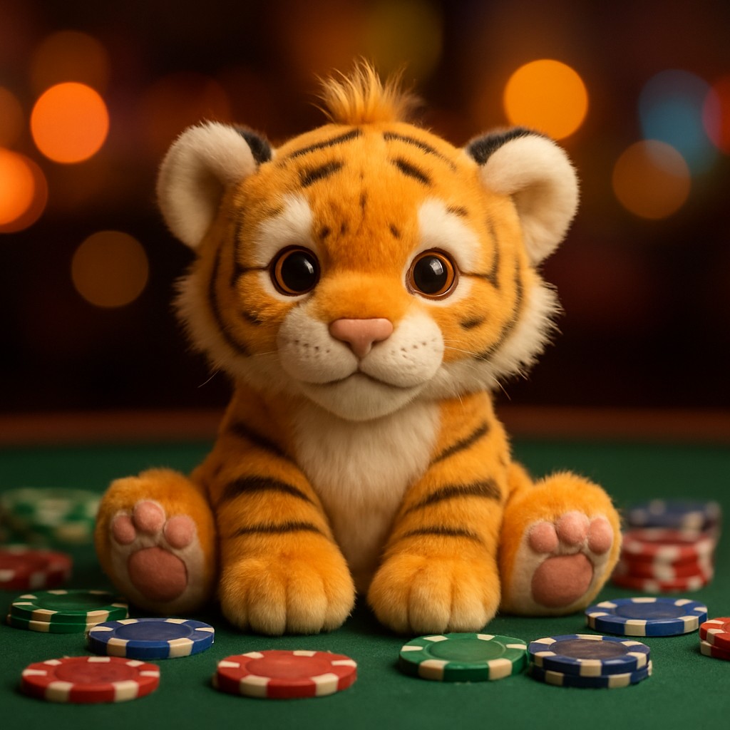 kiriya গেমিং প্ল্যাটফর্মে একটি ছোট বাঘ বাচ্চা টেবিলের ওপর গেম টোকেন নিয়ে বসে আছে।