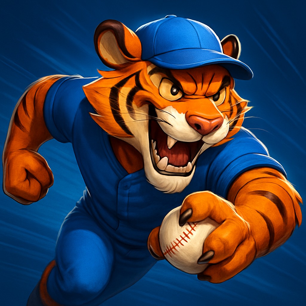 একটি হাসিখুশি বাঘের শাবক, ইউনিফর্ম পরা, তার পায়ে একটি বল ধরে kiriya-র ক্রিকেট-গেমিংকে প্রতিনিধিত্ব করে