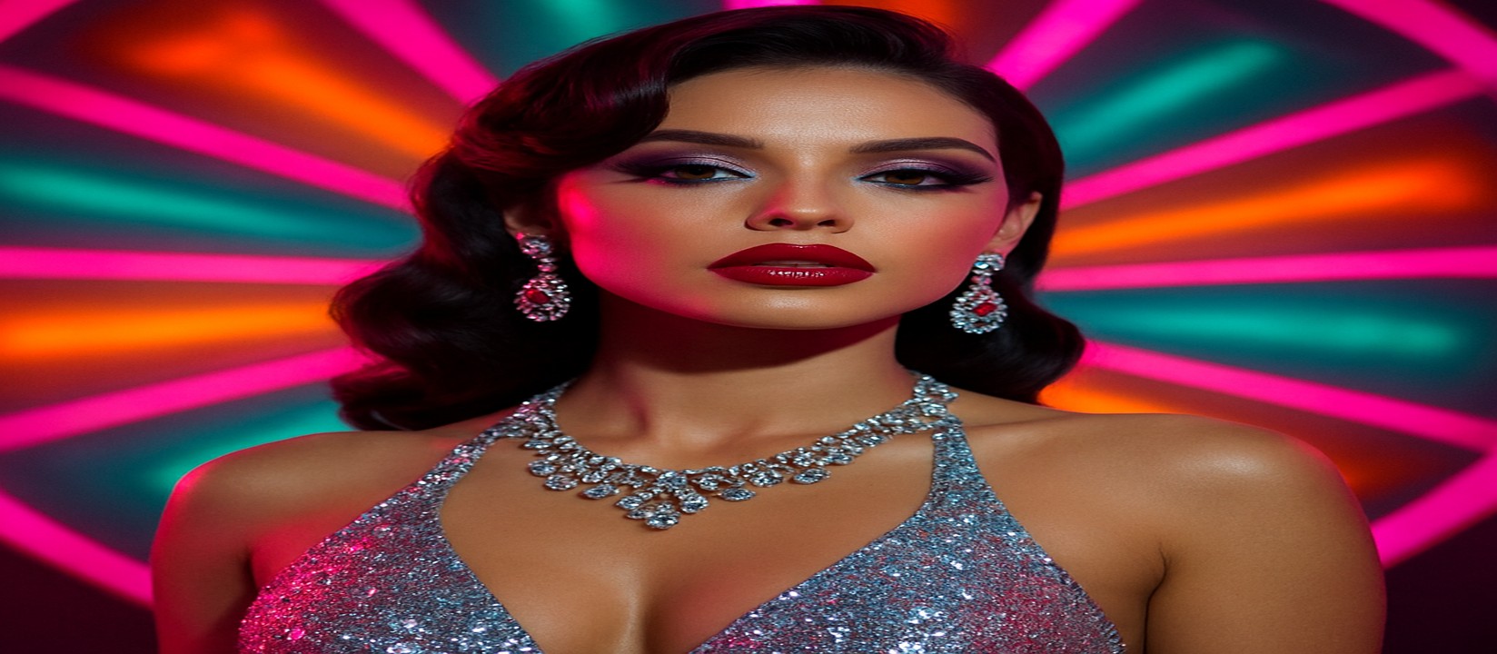 kiriya গেমিং প্ল্যাটফর্ম চাকার সামনে একজন সিকুইনযুক্ত পোশাক পরা নারী পোজ দিচ্ছেন