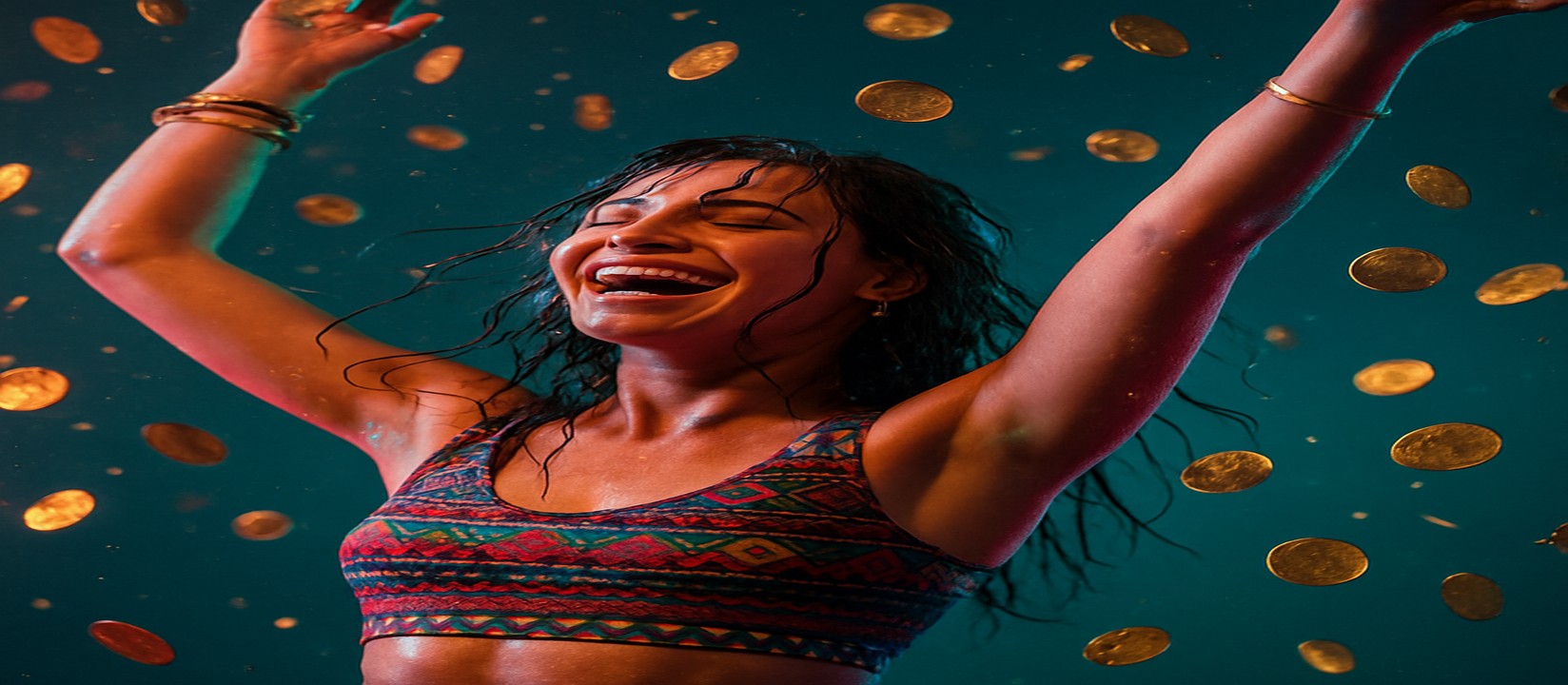 kiriya গেমিং প্ল্যাটফর্মে মুদ্রার বর্ষণের মাঝে একটি রঙিন টপ পরা নারী